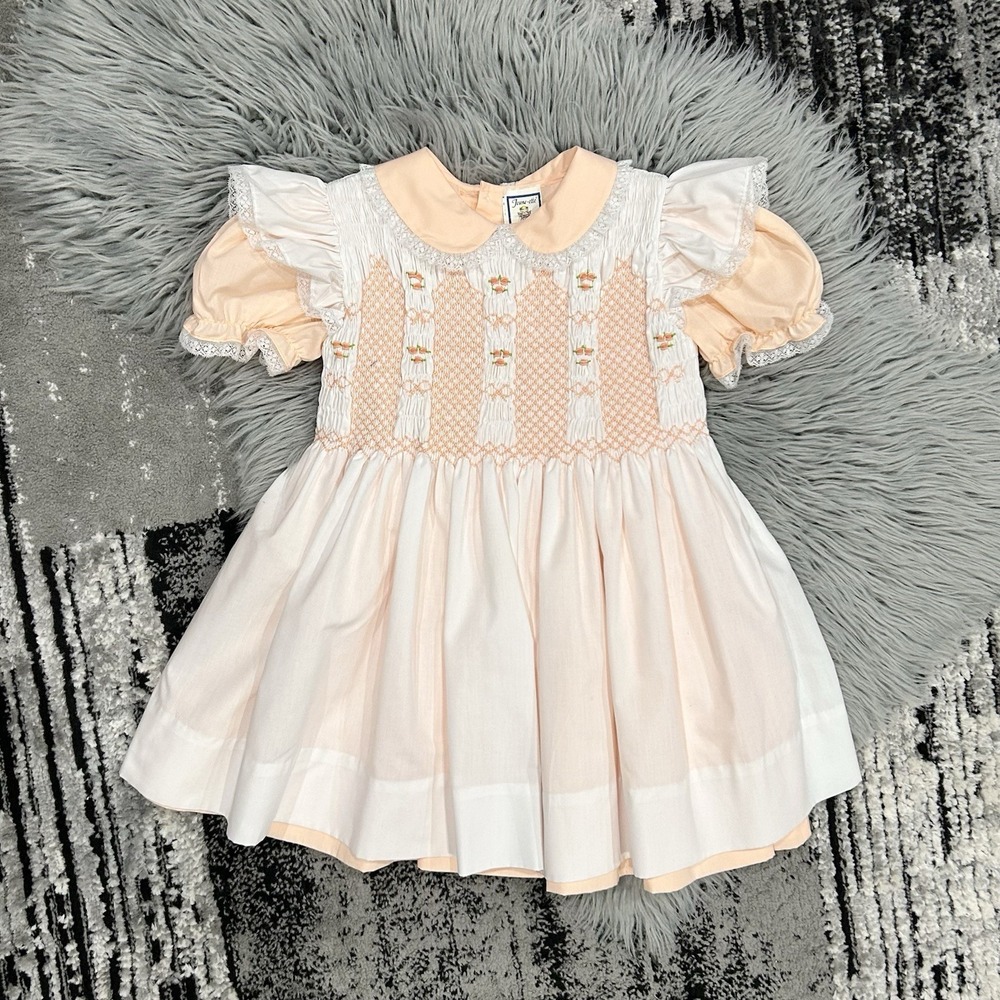 Jeune-ette Vintage Girls Smocked Peach/White 2-Layer Floral & Lace Dress Size 6Y